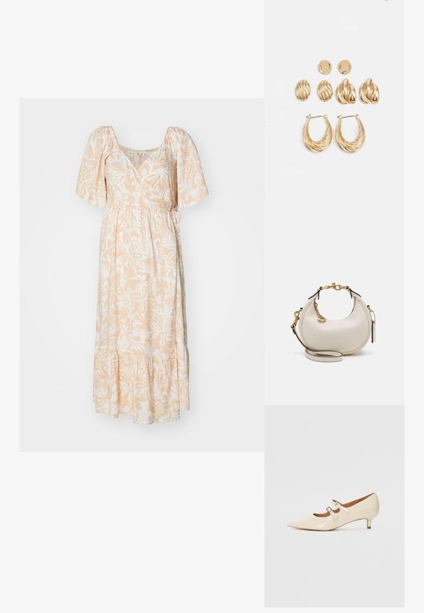 Maxikjole i lysepeach stoff med hvite blomster mønstre, korte pufferm, en smal midje og en volangkant.; Beige lakk lær Mary Jane-sko med to justerbare spenner, spiss tå og lav hæl. Glatt tekstur med blank overflate.; Kremfarget lærhåndveske med halvmåneform, gullfittings, svarte detaljer og avtakbar stropp. Har kjededetaljer og merkelapp.; Øreringer i gullfarge med tre par: teksturerte ovale studs, bølgete design-studs, og store hoops med lagdelte kanter.