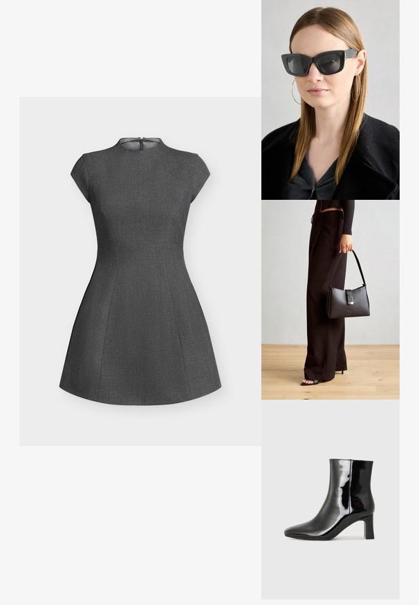 Grey, fitted dress with cap sleeves, a high neckline, and a flared skirt. Sewn detailing along the seams and a back zipper closure.; Black patent leather ankle boot with a pointed toe and a mid-height block heel. Smooth texture and minimalist design.; Black cat-eye sunglasses with dark lenses, thick frames, and subtle accents. Worn with a black coat and gray top, featuring long straight hair.; Black handbag with structured shape, smooth texture, and a metallic clasp. Paired with wide black pants and open-toe sandals on wooden floor.