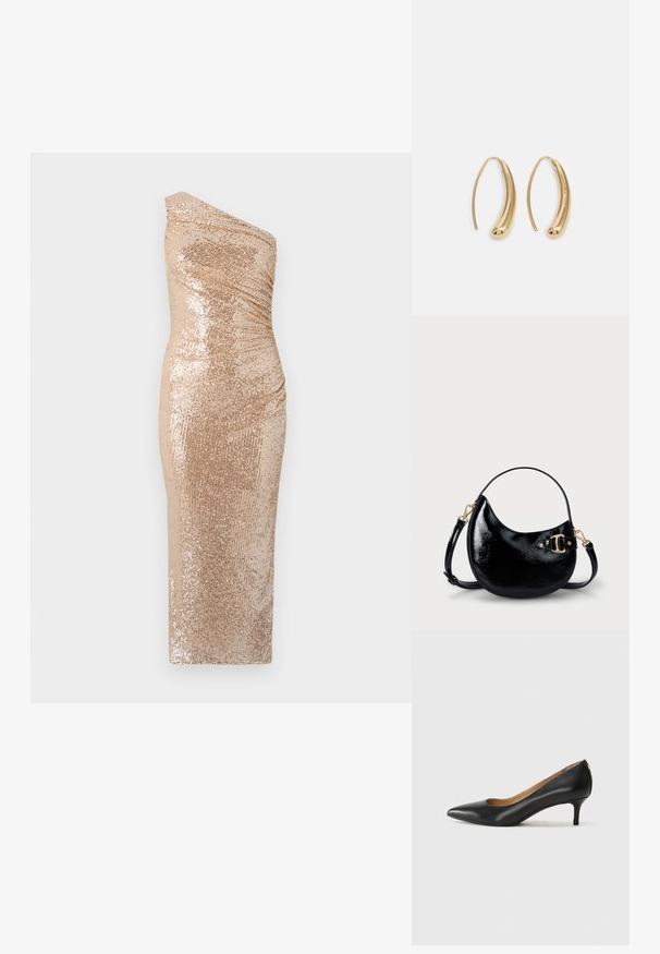 Kratka haljina s jednim ramenom, izrađena od zlatnog materijala sa šljokicama. Ima uski kroj i glatku teksturu.; Crne kožne cipele s uskim vrhom, niskom petom i glatkom teksturom. Imaju blago otvaranje sprijeda i minimalne metalne detalje straga.; Crna torbica od lakirane kože s zakrivljenim oblikom, podesivim remenom i detaljem od zlatnog metala sa strane. Glatka, sjajna tekstura.; Zlatne metalne naušnice u obliku obruča s zakrivljenim, izduženim oblikom. Imaju glatku, sjajnu površinu i zaobljeni vrh za dodatni detalj.