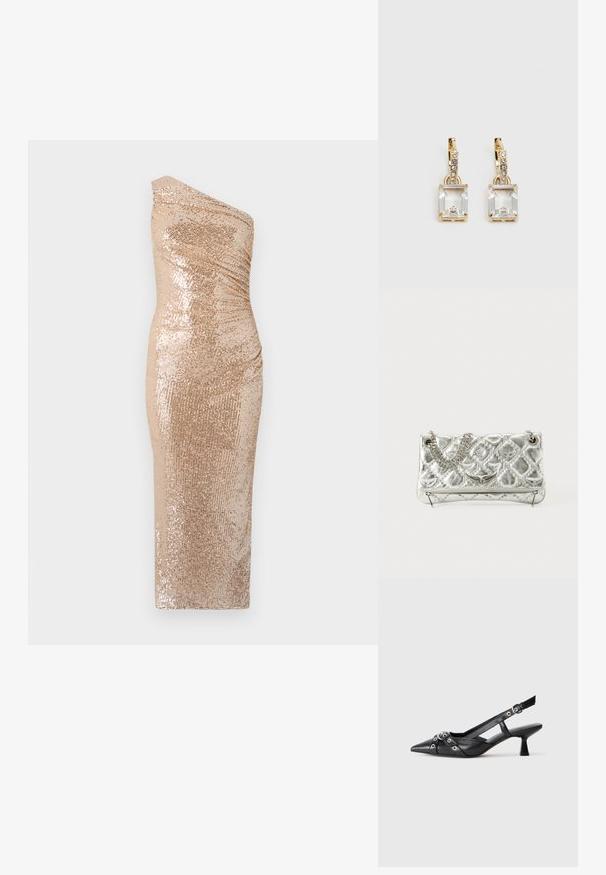 Rochie bodycon cu design pe un umăr, realizată dintr-un material cu paiete aurii. Prezintă o siluetă ajustată și o textură netedă.; Pantofii slingback din piele neagră, cu vârful ascuțit, curele decorative cu ochiuri din metal și toc bloc mic. Suprafață texturată.; Geantă de umăr argintie din metal, cu mânere din lanț, textură matlasată, cusături decorative și închidere cu fermoar. Are accente embossate pe față.; Cercei aurii care prezintă un cristal clar, rectangular, suspendat sub un rând de accente mici, rotunde, clare. Design elegant și modern.