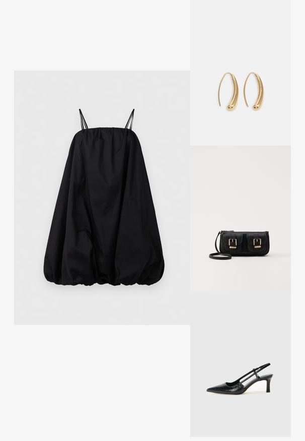Melns bez piedurknēm pūkains kleita ar savilktām malu un tievām dubultām plecu siksnām, attēlots uz vienkārša balta fona.; Melna patent āda ar slīdošo papēdi un smailo purngalu, ar teksturētu čūsku drukājumu, regulējamu siksniņu un īsu teksturētu blokpapēdi.; Melnas ādas crossbody soma ar divām priekšējām kabatām, zelta sprādzēm, ar rāvējslēdzēju aizdari un šauru siksnu. Strukturēta virsma un kompakta taisnstūra forma.; Zelta toņu metāla gredzena auskari ar izliektu, pagarinātu formu. Ar gludu, spīdīgu virsma un noapaļotu galu papildu detaļām.