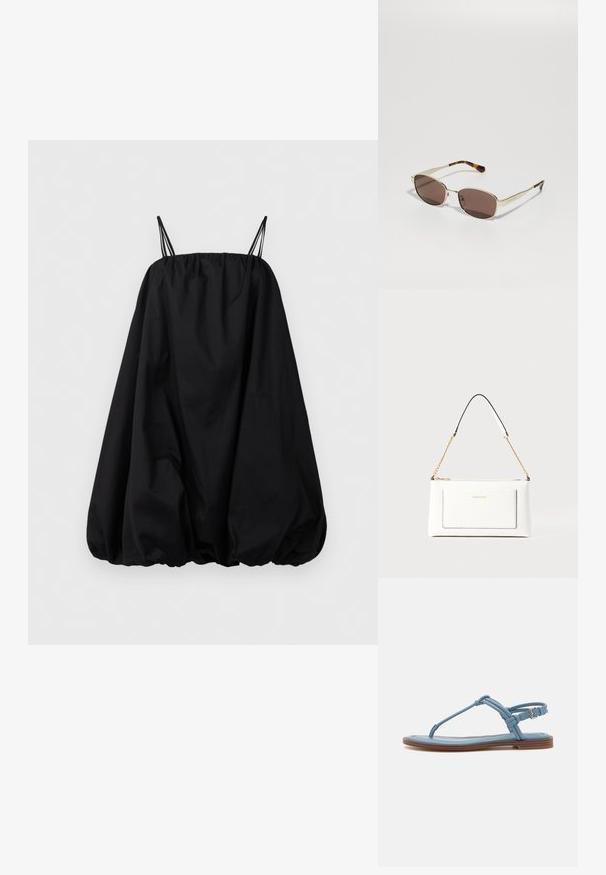 Robe bulle noire sans manches avec un ourlet froncé et de fines bretelles doubles, présentée sur un fond blanc uni.; Sandale en thong en cuir bleu avec une semelle plate, présentant un design de sangle fine et une fermeture à boucle au niveau de la cheville pour un maintien sécurisé.; Lunettes de soleil teintées marron avec une monture en métal doré, des verres rectangulaires et des embouts de branches en motif écaille.; Sac à main en cuir blanc avec un fini texturé, doté d'une bandoulière en chaîne dorée et d'accents noirs. Comprend une poche avant et une fermeture éclair.