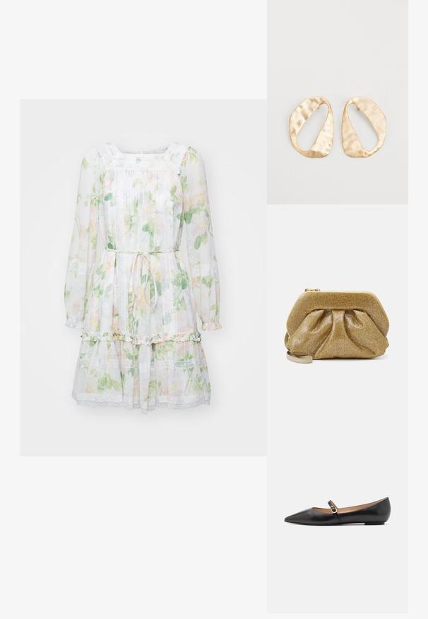 Needle & Thread - Sukienka koktajlowa; Czarne skórzane baletki z wydłużonym noskiem i bocznym paskiem z okrąłym złotym akcentem. Lekkie z płaską podeszwą.; THEMOIRè TIA złoty; Para nieregularnych, owalnych kolczyków ze złotego metalu o teksturowanej, lekko młotkowanej powierzchni na białym tle.