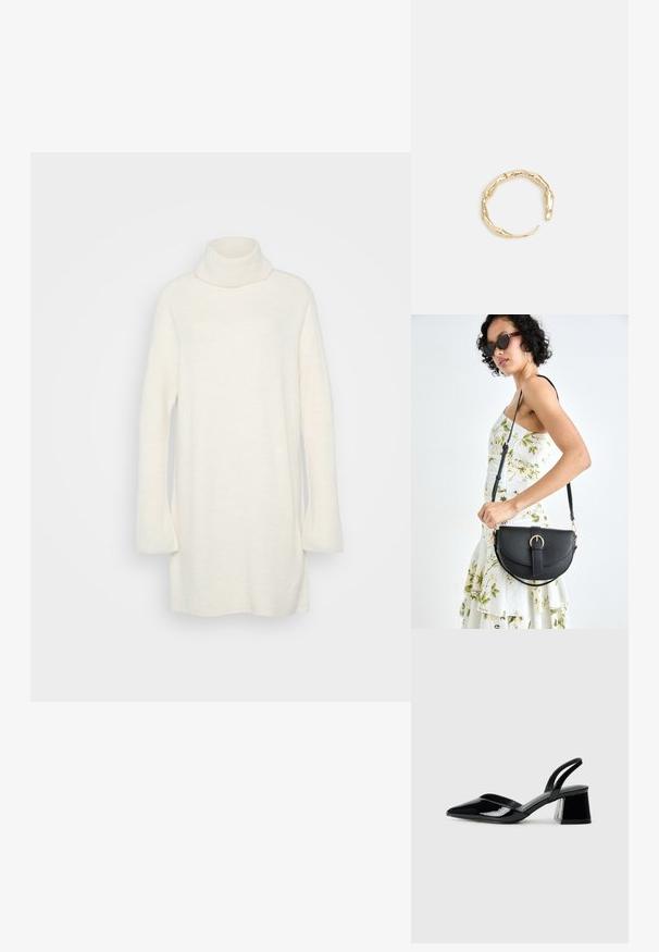 Baltas megztinis su aukštu kaklu, pagamintas iš minkštos mezgimo medžiagos. Turi ilgas rankoves ir laisvą siluetą, su raukšlėta tekstūra kaklo ir rankogalių srityje.; Juodos lakuotos odinės šlepetės su smailiu pirštu ir geometriniu bloko kulnu. Turi elegantišką, minimalistinį dizainą ir lygų paviršių.; Juodas odinis krepšys su išlenkta forma, nuimamu dirželiu ir auksiniais detalėmis. Krepšys turi kilpą su sagtimi.; Auksinės spalvos žiedas, turintis organišką, sukimosi dizainą su lygiu paviršiumi ir siaurėjančiais galais, sukuriantis modernią skulptūrinę išvaizdą.