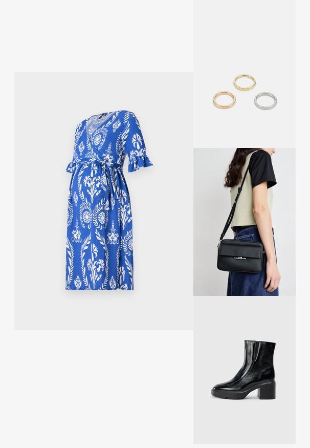 Blå omslagsklänning med vitt blommönster och löv, korta volangärmar och ett knytbälte. Tillverkad av lättviktig tyg, lämplig för gravidkläder.; Svarta lacklädersankelstövlar med rundad tå, elastiska sidopaneler och en chunky klack. Har en präglad logotyp på baksidan.; Calvin Klein LINEAR CAMERA BAG - Axelremsväska - black; Tre metallringar: en roséguld, en guld med texturerade detaljer och en silver, alla med ingraverad märkning på den inre ringen.