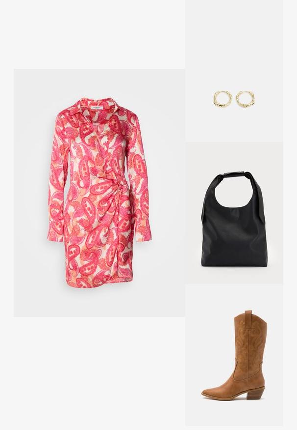 Šaty s dlhým rukávom z jemného materiálu s ružovým paisley vzorom, so stojatým golierom a uzlovým detailom na boku.; Hnedé kožené kovbojské topánky s špicatou špičkou, vyšívanými vírivkami na štýle a blokovým podpätkom. Obsahuje praktický pútko na ľahké obúvanie.; Čierna kožená hobo taška s jedným mäkkým, zaobleným uchom; má hladkú textúru a minimalistický dizajn. Žiadne viditeľné kovanie ani akcenty.; Zlaté kruhové náušnice s textúrovaným, nepravidelným tvarom. Majú bezšvové uzatváranie a lesklý povrch, čo podčiarkuje moderný dizajn.