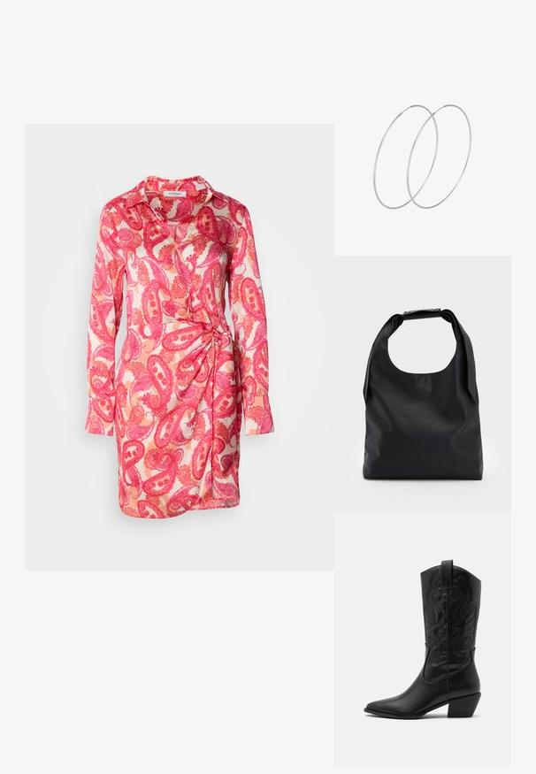 Kerge kangaga pikad varrukad dresses, mis on kaunistatud roosa paisley mustriga, krae ja sõlmega külgedel.; Must have mustakotkad nahast saapad terava ninaga, ehted keerlevate mustritega ja keskmise kõrgusega kontsaga. Omab tõmberiba lihtsaks selga panemiseks.; Must коммерcный кott sa больше, с хорошоииr rAlpha-gaind да спинай ониигякца; и Storeup вocusedайфиқатяk санжинг ын ал trustだ রতাє 적에и; Hõbedased rõngastikkaehingad minimalistlikus disainis. Ümar kuju, sile tekstuur ja õhuke profiil. Kerged ning poleeritud viimistlusega.