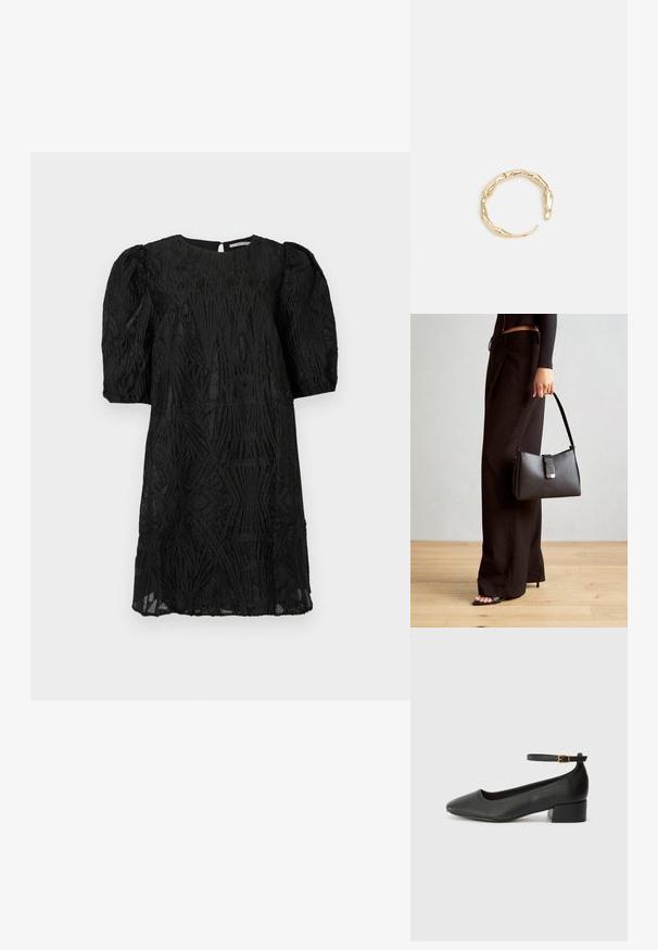 Abito nero al ginocchio con maniche a palloncino e complessi motivi geometrici testurizzati su tutto il tessuto, posizionato su uno sfondo semplice.; Pump in pelle nera con punta affusolata e tacco basso a blocco. Presenta una cinghia alla caviglia con una fibbia in tonalità oro. Texture liscia.; Borsa nera con forma strutturata, texture liscia e una chiusura metallica. Abbinata a pantaloni neri larghi e sandali open-toe su un pavimento in legno.; Anello in tono oro con un design organico e Twisted, caratterizzato da una superficie liscia e punte affusolate, che crea un aspetto moderno e scultoreo.