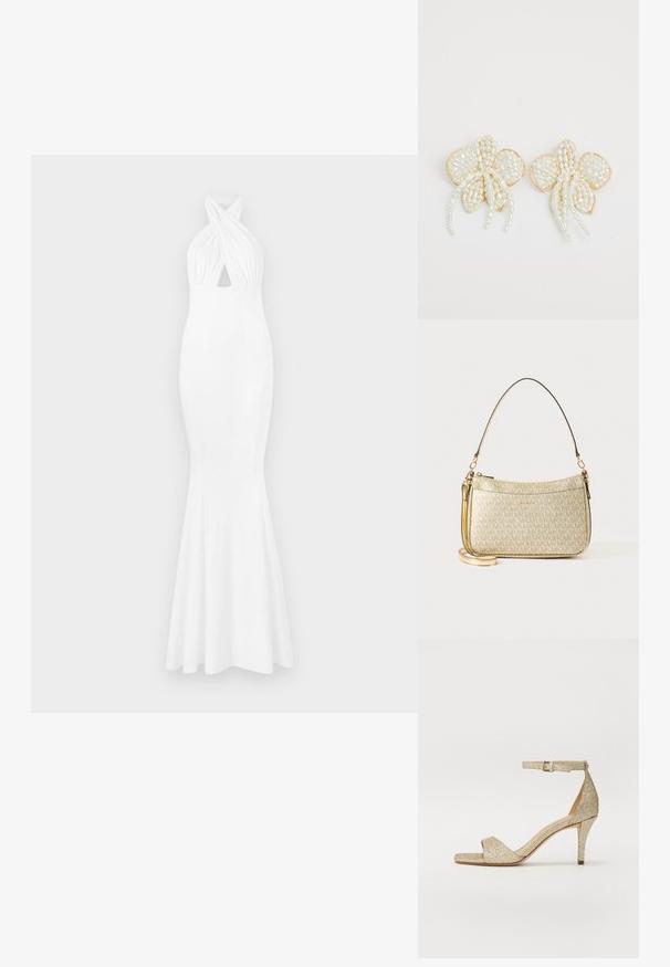 Robe de soirée blanche avec un corsage ajusté, col halter, détail frontal torsadé et ourlet évasé. Fabriquée en tissu lisse et extensible.; Sandale à talons hauts dorés pailletés avec une bride au niveau de la cheville, bout ouvert et avant en forme carrée. Présente un talon mince et effilé pour plus de hauteur.; Sac à main texturé or avec une sangle en cuir lisse, doté d'une fermeture éclair et d'un motif de logo subtil imprimé sur la surface.; Boucles d'oreilles en fleurs de perles avec des accents dorés. Chaque pétale présente de petites perles rondes disposées dans un motif floral, avec des détails de perles trailing.