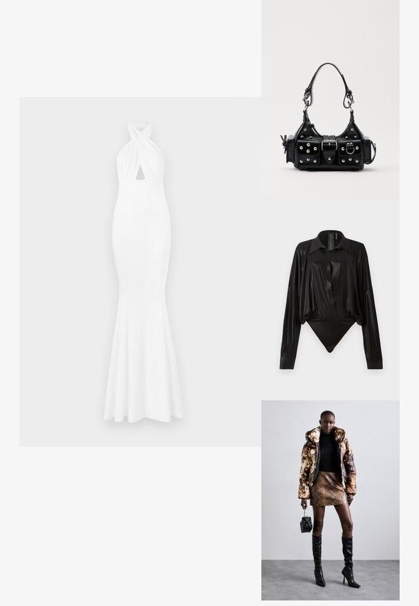 Balta vakara kleita ar pieguļošu bodīti, kakla lentu, savītu priekšpusi un platām apakšmalām. Izgatavota no gludas, elastīgas auduma.; Melnā bodijakā ar garām piedurknēm, V-veida kaklu un pieguļošu siluetu. Izgatavots no spīdīga, gluda auduma ar strukturētu apkakli un aprocēm.; Puffa jaka ar brūnu un melnu rakstu, kombinēta ar brūnu čūskas raksta mini svārkiem, melniem līdz ceļgala zābakiem un mazu melnu somiņu.; Melnas ādas rokturmais ar izliekumu, ar sudraba iedurtiem, sprādzi un divām sānu kabatām. Regulējams siksniņas garums dažādām nēsāšanas iespējām.