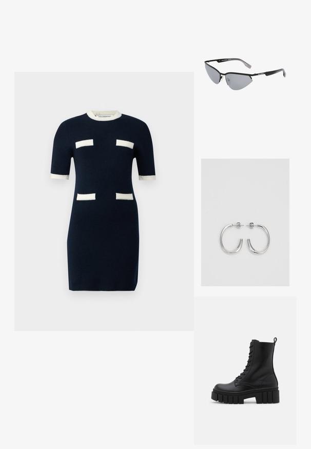 Tengerészkék kötött ruha rövid ujjakkal, bordás nyakkivágással és fehér téglalap alakú díszítéssel a mellrészen és az ujjakon. Testhezálló fazon.; Fekete bőr bokacsizma vastag, bordázott talppal, fűzős elülső résszel és húzófüllel sima fehér háttérrel.; Fekete napszemüveg éles, macska-szem kialakítással. Ezüst tükörlencsék. Karcsú, könnyű műanyag keret, diszkrét logóval a szárakon.; Ezüst karika fülbevalók sima, fényes felülettel. Lekerekített forma, könnyű kialakítással, tűs zárómechanizmussal.