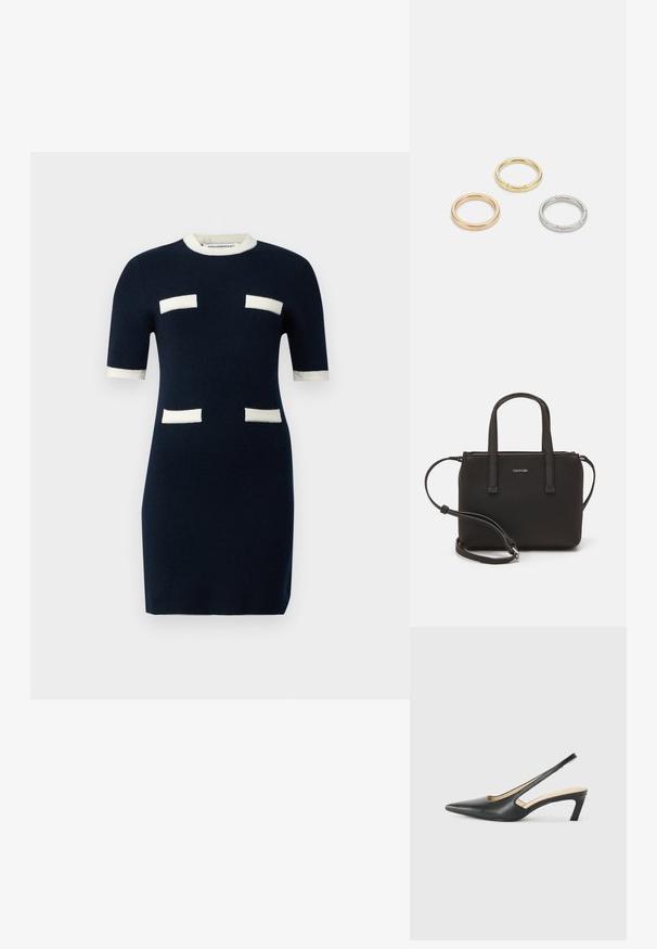 Námořnické pletené šaty s krátkými rukávy, žebrovaným výstřihem a bílými obdélníkovými akcenty na hrudi a rukávech. Přiléhavý střih.; Černý špičatý slingback s nízkým podpatkem, vyrobený z hladké kůže, s výřezem na boku pro lepší prodyšnost.; Černá kabelka s dvojitými krátkými uchy a odnímatelným ramenním popruhem. Hladký koženkový materiál s uzávěrem na zip a detailem loga.; Tři kovové prsteny: jeden růžově zlatý, jeden zlatý s texturovanými detaily a jeden stříbrný, všechny s vyrytým brandingem na vnitřním boku.
