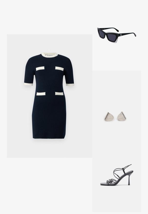 Abito lavorato a maglia blu navy con maniche corte, colletto a costine e accenti rettangolari bianchi sul petto e sulle maniche. Design aderente.; Sandali neri con tacco alto presentano sottili cinturini con design annodato, una punta quadrata liscia e un elegante tacco a spillo.; Occhiali da sole oversize neri dalla forma geometrica, con lenti scure e un dettaglio grigio a contrasto sulla montatura. Logo sul braccio.; Orecchini in metallo argentato con forma a goccia liscia e finitura lucida. Incisioni sottili aggiungono dettagli. Design minimalista.