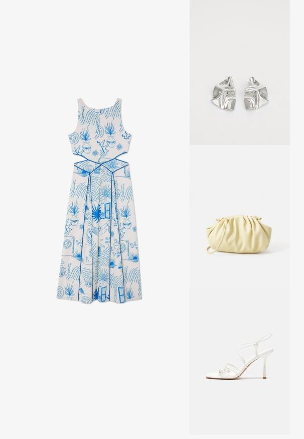 Balta be rankovių suknelė su mėlynu spausdintu raštu, įskaitant augalus ir formas, turinti prigludusią liemenį ir sraunią sijoną.; Baltas dirželis su aukštu kulnu sandalai su plokščiu pirštu, tekstūruota priekinė dalis su susiraukšlėjimais ir plonas kulkšnies dirželis.; Geltona klostuota rankinė, pagaminta iš lygaus dirbtinio odos, su minkšta forma, vienu peties dirželiu ir surinktu viršumi.; Sidabriniai metaliniai Auskarai su banginiu, skulptūriniu dizainu, pasižymintys poliruotu paviršiumi ir nereguliariomis formomis, išryškinančiomis šiuolaikišką estetiką.