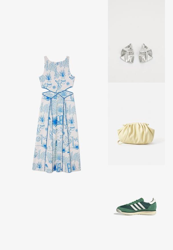 Bílé bezramínkové šaty s modrými potisky, které zahrnují rostliny a tvary, s přiléhavým korzetem a splývavou sukní.; Zelené sportovní boty se směsí z semiše a syntetických materiálů, třemi bílými pruhy a texturovanou gumovou podrážkou.; Žlutá skládací kabelka vyrobená z hladké umělé kůže, s jemným tvarem, jedním ramenním popruhem a designem s nařaseným vrškem.; Stříbrné kovové náušnice s vlnitým, sochařským designem s leštěným povrchem a nepravidelnými tvary, které zdůrazňují moderní estetiku.