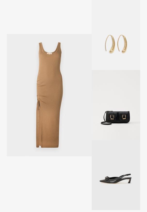 Hladké pletené maxi šaty ve světle hnědé, s kulatým výstřihem a nastavitelným bočním rázem s tkaničkami pro úpravu velikosti.; Černé kožené sandály s úzkou špičkou, malým podpatkem a dekorativní sponou na nártu. Hladký povrch, minimalistický design.; Černá kožená crossbody taška se dvěma předními kapsami, zlatými přezkami, zipovým uzávěrem a štíhlým popruhem. Texturovaný povrch a kompaktní obdélníkový tvar.; Náušnice ve tvaru kruhu z pozlaceného kovu s vroubkovaným, prodlouženým tvarem. Mají hladký, lesklý povrch a zaoblený konec pro zvýraznění detailu.