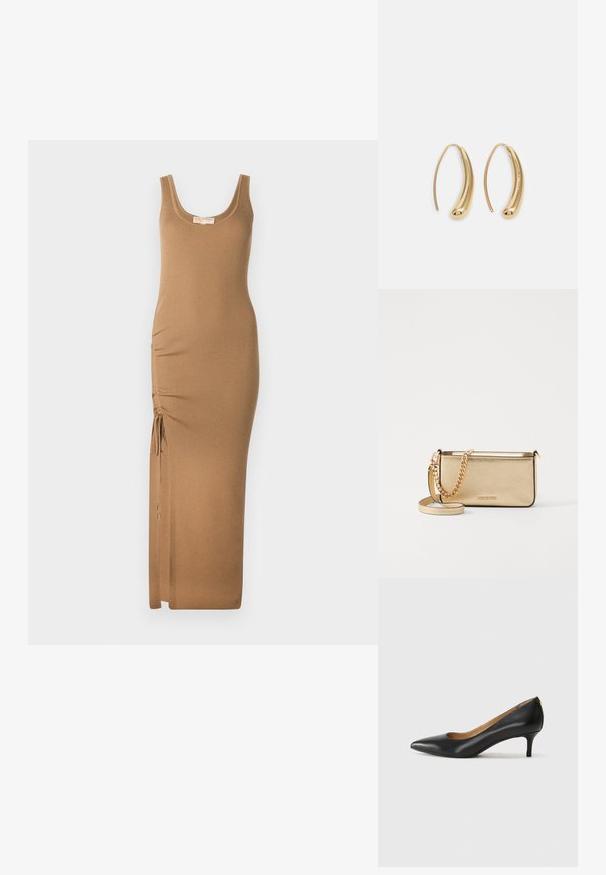 Duge duga haljina od rebrica u svijetlo smeđoj boji, s izrezanom okovratnikom i prilagodljivim nabiranjem sa strane uz vezice za podešavanje.; Crne kožne cipele s uskim vrhom, niskom petom i glatkom teksturom. Imaju blago otvaranje sprijeda i minimalne metalne detalje straga.; Metalna zlatna kožna torbica s teksturiranom površinom, opremljena zlatnim lancem i uklonjivom naramenicom. Utisnuti logotip branda.; Zlatne metalne naušnice u obliku obruča s zakrivljenim, izduženim oblikom. Imaju glatku, sjajnu površinu i zaobljeni vrh za dodatni detalj.