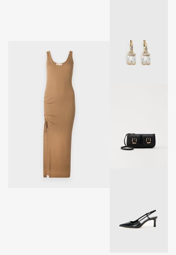 Rochie maxi tricotată cu model nervurat, de culoare bej deschis, având un decolteu rotund și strângere laterală ajustabilă cu șnururi pentru o potrivire perfectă.; Pantofi cu toc slingback negri din patent, cu vârf ascuțit, cu imprimeu de șarpe texturat, curea ajustabilă și toc scurt texturat.; Geantă neagră din piele, tip crossbody, cu două buzunare frontale, catarame aurii, închidere cu fermoar și o curea subțire. Suprafață texturată și formă rectangulară compactă.; Cercei aurii care prezintă un cristal clar, rectangular, suspendat sub un rând de accente mici, rotunde, clare. Design elegant și modern.