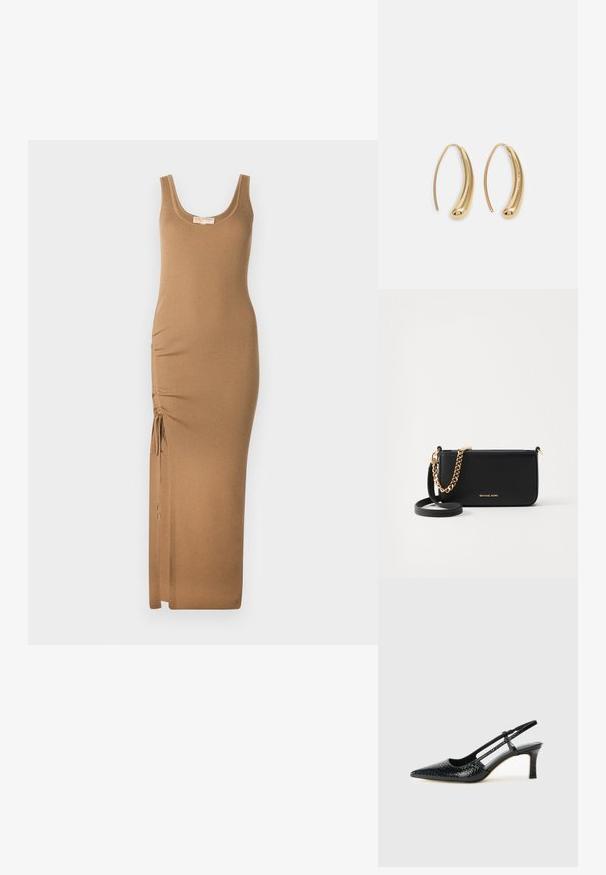 Geribbelde gebreide maxidress in lichtbruin, met een ronde halslijn en verstelbare zijrijke met strikjes voor de pasvorm.; Zwart patent slingback hak met een spitse neus, voorzien van een gestructureerde slangenprint, verstelbare band en een korte, gestructureerde blokhak.; Zwarte leren clutch met een gouden kettingaccent, een gladde textuur en gouden logo-details. Inclusief een verstelbare schouderband voor veelzijdigheid.; Gouden metalen oorbellen in de vorm van een gebogen, verlengde hoop. Kenmerkend zijn het gladde, glanzende oppervlak en de afgeronde punt voor extra detail.