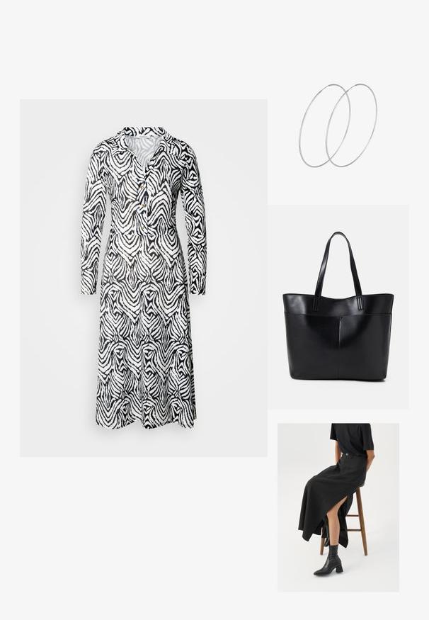 Mustapainatteinen mekko kauluksella, pitkät hihat, nappiyksityiskohtia ja virtaava muotoilu, jossa on aaltoilevia raitoja kankaan yli.; Musta pellavasta valmistettu maxi-hame, jossa on korkea halkio, puettuna mustan t-paidan ja mustien nilkkabootsien kanssa. Minimalistinen muotoilu, rento istuvuus.; Musta nahkainen kassi, jossa on kaksi pitkää kahvaa, sileä pinta ja jämäkkä muoto. Sisältää etutaskun lisävarastointia varten.; Hopehope hopeilla, joissa on minimalistinen muotoilu. Pyöreä muoto, sileä pinta ja ohut profiili. Kevyet ja kiillotetut.