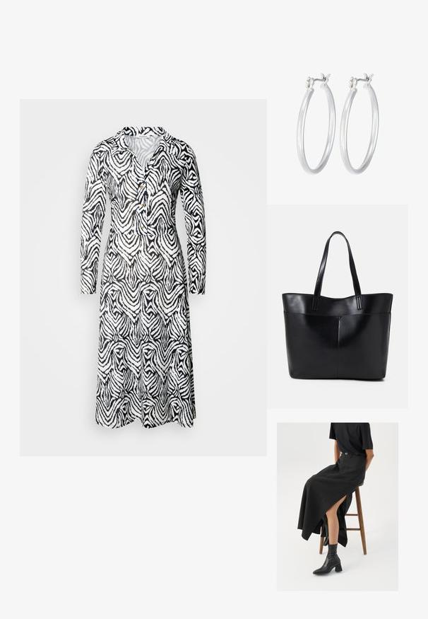 Šaty so vzorom v čiernej a bielej farbe, s golierom, dlhými rukávmi, detailmi na gombíky a voľným strihom, na ktorých sú vlnité prúžky po celom povrchu látky.; Čierna ľanová maxi sukňa s vysokým rozparkom, nosená s čiernym tričkom a čiernymi členkovými čižmami. Minimalistický dizajn s voľným strihom.; Čierna kožená tote taška s dvoma dlhými rúčkami, hladkým povrchom a štruktúrovaným tvarom. Obsahuje prednú kapsu pre dodatočné uskladnenie.; Strieborné kruhové náušnice s hladkým, lesklým povrchom. Kolový tvar a bezpečné klikanie na uzatváranie. Ľahký dizajn vhodný na každodenné nosenie.