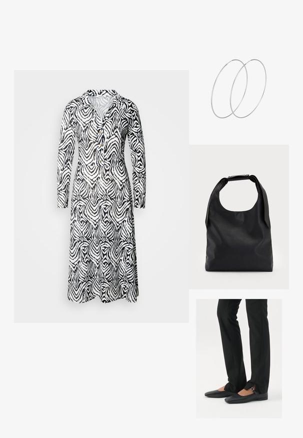 Zwart-witte jurk met een kraag, lange mouwen, knoopdetail en een vloeiende ontwerp met golvende strepen over de stof.; Zwarte leren balletschoenen met een puntige neus, bandje met een zilveren gesp, gecombineerd met zwarte nauwsluitende broek met een zijsplit.; Zwarte leren hobo-tas met een enkele, zachte, afgeronde handgreep; heeft een gladde textuur en een minimalistisch ontwerp. Geen zichtbare hardware of accenten.; Zilveren hoepel oorbellen met een minimalistisch ontwerp. Cirkelvormig, gladde textuur en dun profiel. Lichtgewicht met een gepolijste afwerking.