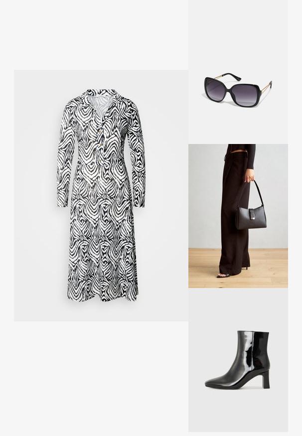 Haljina s crno-bijelim uzorkom, s ovratnikom, dugim rukavima, detaljem od dugmadi i lepršavim dizajnom koji sadrži valovite pruge na tkanini.; Crne lakirane kožne gležnjače s šiljastim prstom i srednje visokom blok petom. Glatka tekstura i minimalistički dizajn.; Crne prevelike sunčane naočale s gradijentnim lećama, debelim okvirom i zlatnim lancem kao detaljem na krakovima.; Crna torba s oblikom koji sadrži strukturu, glađu teksturu i metalnu kopču. Uparena s širokim crnim hlačama i sandalama na otvorenom s drvenog poda.