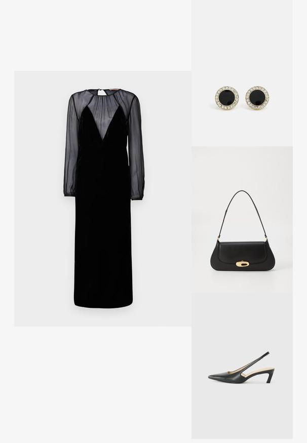 Melnas kleitas ar samtainu augšu un caurspīdīgām garām piedurknēm. Tam ir dziļa V veida kakla izgriezuma forma un plīšu detaļas plecu rajonā.; Melna, ar smailu purngalu, slingback kurpe ar zemu papēdi, izgatavota no gludas ādas materiāla un ar izgriezumiem sānos gaisa caurlaidībai.; Melna ādas rokassoma ar izliekta dizaina elementiem, zelta krāsas detaļām un augšējo rokturi. Iezīmējas ar elegantu aizdari un gludu faktūru.; DKNY INLAY STUD - Auskari - black/gold-coloured