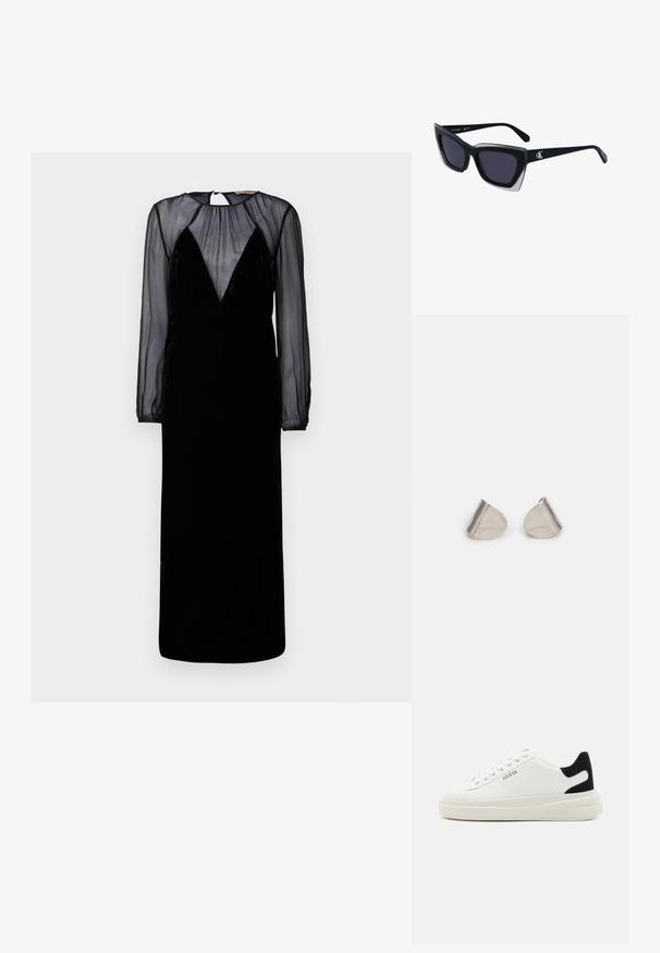 Svart kjole med en fløyelsaktig overdel og lange gjennomsiktige ermer. Den har en dyp V-utringning og plissert detaljering på skuldrene.; Hvite lær sneakers med tykk hvit såle, svart semsket hælforsterkning og preget logo på siden. Snøresystem med seks hull.; Store svarte solbriller i overdimensjonert størrelse med geometrisk form, med mørke linser og en kontrasterende grå detalj på rammen. Logo på armen.; Sølvmetalløreringer med en jevn, dråpeform og en polert finish. Subtile graveringer legger til detaljer. Minimalistisk design.