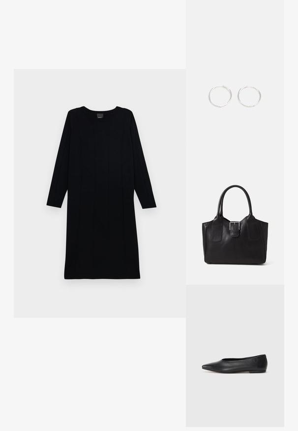 Fekete kötött ruha hosszú ujjakkal, kerek nyakkivágással és függőleges bordás textúrával. Egyszerű dizájn, térdhez érő hosszúsággal, egyszínű.; Fekete bőr balettcipő, hegyes orral, minimalista dizájn, sima textúra, alacsony sarkú, látható fémrész vagy díszítés nélkül.; Fekete bőr bevásárlótáska sima textúrával, strukturált formával, két fogantyúval és egy figyelemfelkeltő ezüst csattal az elején.; Ezüst karika fülbevalók, letisztult, kerek formával, sima felülettel és látható díszítés nélkül. A átmérő nem megadott.