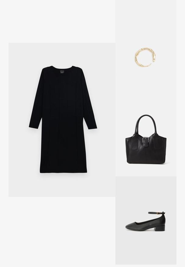 Juoda megzta suknelė ilgomis rankovėmis, apvaliu kaklu ir vertikaliai raibų tekstūrą. Paprastas dizainas, iki kelių, vientisos spalvos.; Juodas odinis aukštakulnis batelis su smailiu pirštu ir žemu bloku. Su kulkšnies dirželiu su auksinės spalvos sagtimi. Lygus paviršius.; Juodas odinis nešiojamas krepšys su lygiu paviršiumi, struktūrine forma, dviem rankenėlėmis ir ryškiu sidabriniu sagties akcentu priekyje.; Auksinės spalvos žiedas, turintis organišką, sukimosi dizainą su lygiu paviršiumi ir siaurėjančiais galais, sukuriantis modernią skulptūrinę išvaizdą.