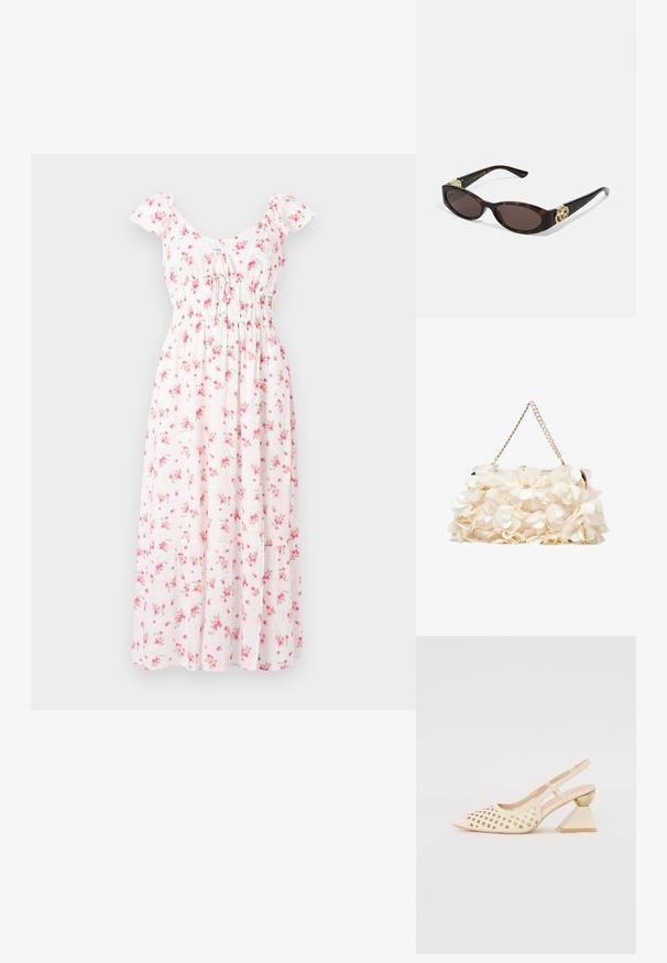 Vestido maxi floral branco com flores cor-de-rosa, mangas curtas bufantes e busto franzido. Tecido de algodão macio com um design de saia fluida.; Sapato slingback bege com parte superior perfurada, bico apontado e um salto triangular contrastante com um detalhe em dourado. Textura suave no geral.; Óculos de sol de tartaruga com lentes ovais alongadas, tom castanho, acentos de logotipo dourado nas hastes e hastes pretas elegantes.; Bolsa de mão branca com superfície de tecido franzido, alça de corrente em tom dourado e fecho de metal. Apresenta pétalas texturizadas para um detalhe adicional.