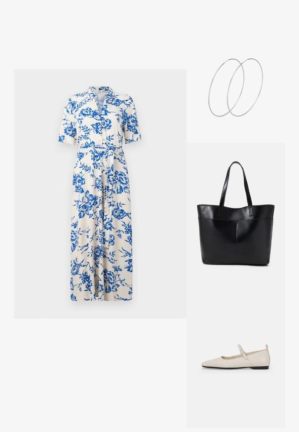 Kremu spalvos trumpomis rankovėmis su mėlynomis gėlių detalėmis, su sagų priekyje, diržu juosmenyje ir iki kelių ilgio bale. Standartinė apykaklės dizainas.; Balti odiniai Mary Jane batai su smailiu priekiu, šoniniu užsegimu ir žemu juodu kulniuku. Sklandus paviršius ir minimalistinis dizainas.; Juoda odinė rankinė su dviem ilgais diržais, lygiu paviršiumi ir struktūrizuota forma. Yra priekinė kišenė papildomam saugojimui.; Sidabrinės pusmėnulio auskarai minimalistiniu dizainu. Apskritimo forma, lygus paviršius ir plonas profilis. Lengvi su poliruotu apdailu.