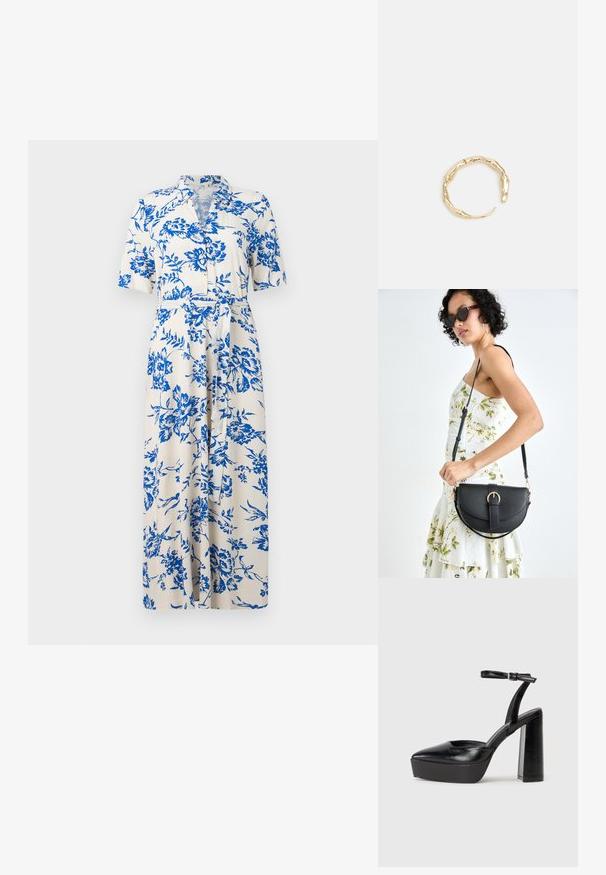 Kratke rukave haljina od kremaste tkanine s plavim cvjetnim uzorkom, gumbe sprijeda, pojasom u struku i dužinom do koljena. Standardni dizajn ovratnika.; Crne platforme s potpeticom s oštrim vrhom i podešivom naramenicom. Izrađene od glatke kože, s masivnom blok petom.; Crna kožna torba s lukovitim oblikom, odvojivim remenom i zlatnim detaljima. Torba ima preklop s kopčom.; Prsten u zlatnoj nijansi s organskim, uvijenim dizajnom, glatkom teksturom i suženim krajevima, koji stvara moderan, skulpturalni izgled.