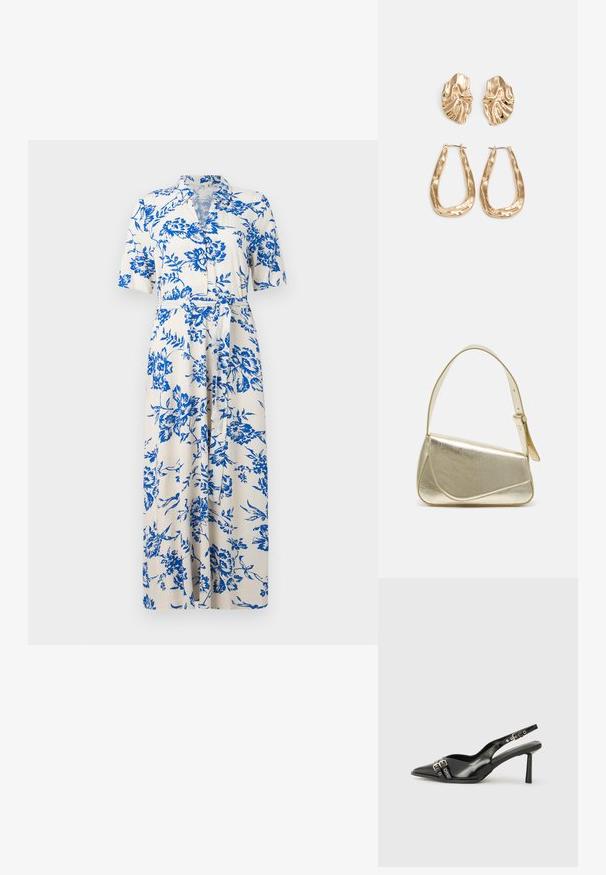 Kurzärmliges Kleid aus cremefarbener Stoff mit blauem Blumenmuster, Knopfverschluss vorne, Taillengürtel und knielanger Saum. Klassische Kragenform.; Schwarzer Lackleder Slingback-Schuh mit spitzem Zehenbereich, Knöchelriemen mit silbernen Schnallen und Beschlägen sowie einem schlanken Absatz.; Goldfarbene metallische Handtasche mit strukturiertem Design, glatter Textur und verstellbarem Tragegurt. Sie verfügt über eine einzigartige dreieckige Form und minimalistische Nähte.; Ohrringe in Goldoptik mit strukturierten, gewellten Formen. Beinhaltet skulpturale Clip-Ohrringe und ein offenes Hoop-Design mit gehämmertem Finish.
