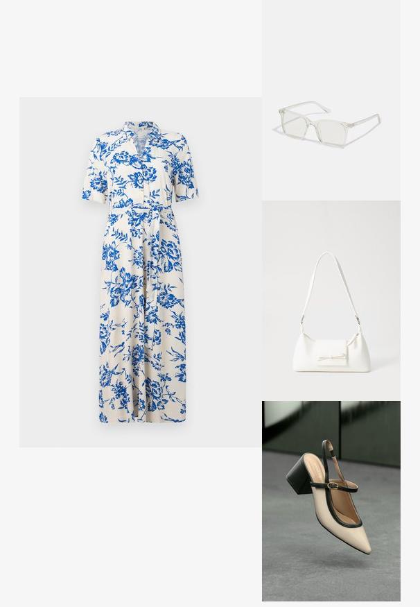 Vestido de manga curta em tecido creme com padrão floral azul, frente com botões, cintura cintrada e barra até ao joelho. Design de gola clássica.; Sandal de biqueira pontuda em bege com acabamento preto, fivela dourada e um salto bloco sólido, em um chão cinza com fundo verde escuro.; Óculos quadrados de plástico transparente com lentes translúcidas, apresentando detalhes em dourado nas hastes.; Mala sintética branca com formato triangular, aba frontal plana e detalhe de laço, alça ajustável, textura suave e design minimalista.