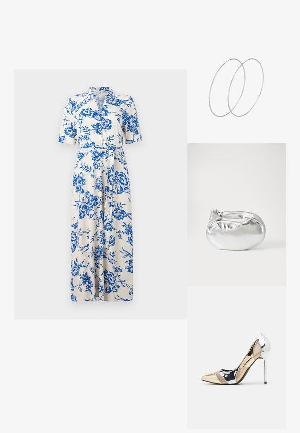 Sukienka z krótkim rękawem w kremowym materiale z niebieskim kwiatowym wzorem, z przodu na guziki, z paskiem w talii i długości do kolan. Standardowy krój kołnierza.; Czółenka na wysokim obcasie z wąskim noskiem w kolorze srebrnym, złotym i nude. Lśniące wykończenie z wycięciami, z obcasem w stylu stiletto.; Srebrna metaliczna torba worek o miękkim, zaokrąglonym kształcie i zawiązywanym z góry zapięciem. Wykonana z gładkiego materiału imitującego skórę.; Srebrne kolczyki w formie obręczy o minimalistycznym designie. Okrągły kształt, gładka faktura i cienki profil. Lekkie, z polerowanym wykończeniem.