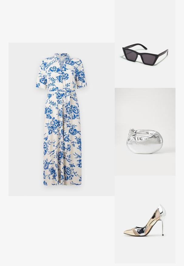 Lühikeste varrukatega kreemjas riidis Kleid, millel on sinine lillemuster, nuppe ettepoole, vöökoht ja põlve pikkune äär. Standardne kraedisain.; Kitsas toe kõrge kontsaga kingad, millel on hõbedane, kuldne ja nude värvilahendus. Läikiv viimistlus lõikekujundusega, stiletto konts.; Mustad mustrakellad, millel on hallid šabloonid; valmistatud plastist, paksude ja siledate kätega, ilma nähtava riistvarata.; Hõbedane metallikoti kott pehme, ümar kuju ja sõlme ülemise sulgemisega. Valmistatud siledast kunstnahast materjalist.; Hõbedased rõngastikkaehingad minimalistlikus disainis. Ümar kuju, sile tekstuur ja õhuke profiil. Kerged ning poleeritud viimistlusega.