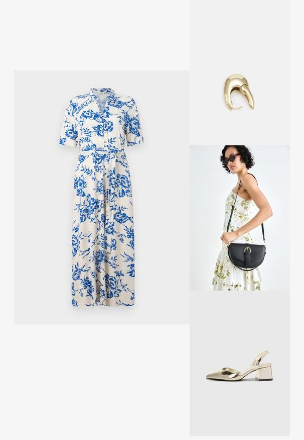 Šaty s krátkým rukávem z krémové tkaniny s modrým květinovým vzorem, s knoflíkovou přední částí, páskem v oblasti pasu a délkou ke kolenům. Standardní design límce.; Kovové zlaté pantofle na podpatku s špičatou špičkou a masivním podpatkem. Hladký povrch, minimalisticý design a úzký pásek.; Černá kožená kabelka s křivkovým tvarem, odnímatelným popruhem a zlatými detaily. Kabelka má klopu s přezkou.; Náušnice ve zlatém tónu z kovu s elegantním zakřiveným designem. Vyznačují se jedinečným špičatým tvarem, lesklým povrchem a závěsem na kloub.