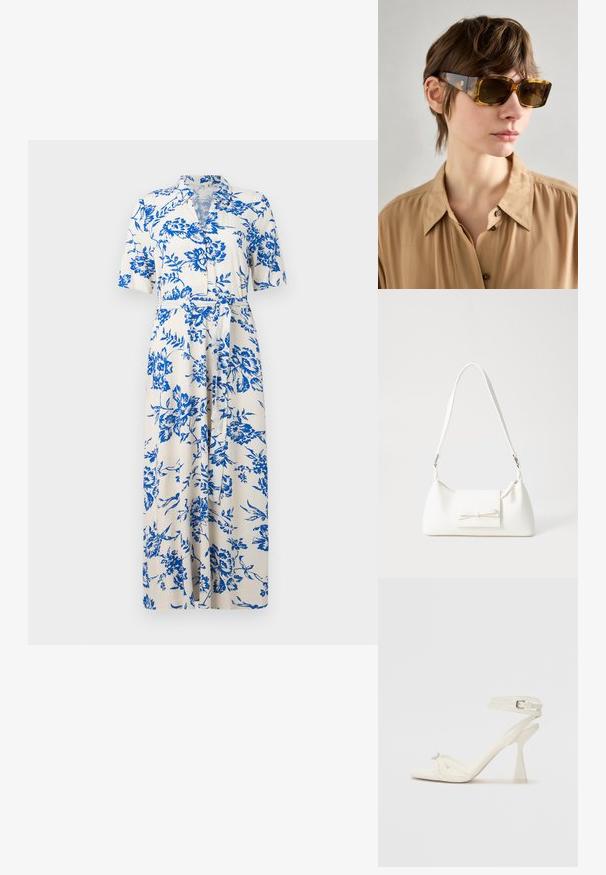 Kjole med korte ermer i kremfarget stoff med blått blomstermønster, knappestolpe foran, belte i midjen og knelængde. Standard krage-design.; Høyhælte sandaler med stropp i hvitt lær, med et stilrent design, gjennomsiktig blokkhæl og et dekorativt element ved tåen.; Brune skjellsolbriller med store rektangulære linser og tykke sider, med subtil merkevare på den ene armen. Glatt, blank overflate.; Hvit syntetisk håndveske med trekantet form, flat klaff foran og sløyfe detaljer, justerbar stropp, glatt tekstur og minimalistisk design.