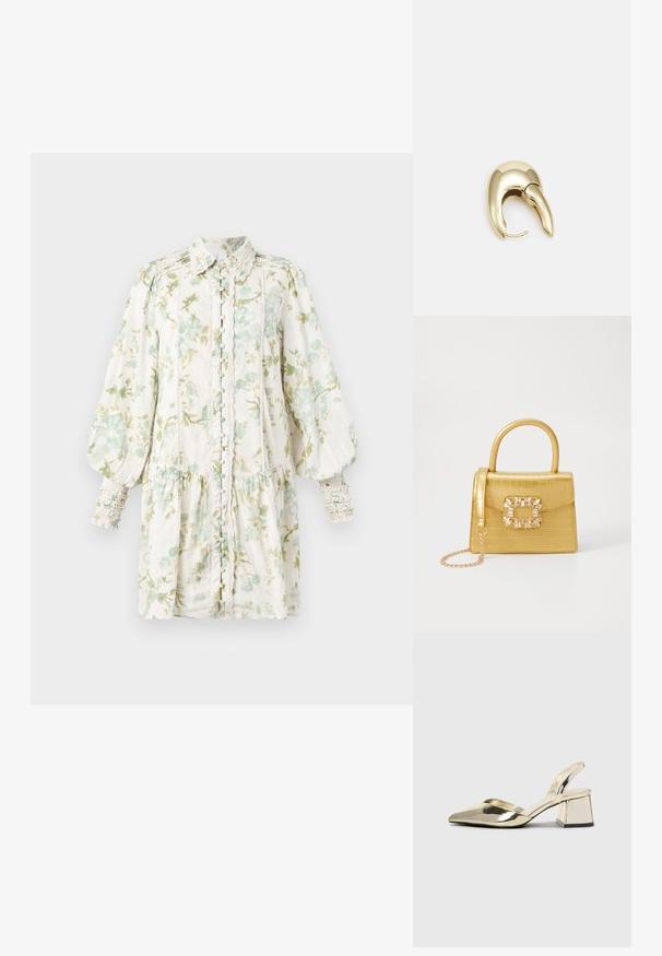 Gėlėta suknelė su pūstomis rankovėmis, balta baze ir žalėmis gėlėmis, mygtukų priekis, susiraukšlėta juosmeniu, tekstūruotas audinys ir volanginės rankogaliai.; Auksiniai, metaliniai slingback aukštakulniai bateliai su smailiu pirštu ir masyviu kulnu. Lygus paviršius, minimalizmo dizainas ir siaura juostelė.; Geltonas dirbtinės krokodilo odos rankinukas su standžiu dizainu, viršutine rankena, nuimamu grandininiu dirželiu ir dekoratyviniu krištolo papuošimu ant užsegimo.; Aukso tono metalinės auskarai su stilingu, kreiviu dizainu. Išsiskiria ryškiu smailiu pavidalu, poliruota paviršiumi ir užsegimu su vyriu.