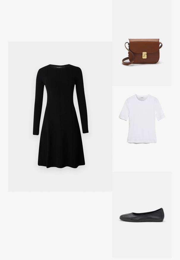 Vestido preto de manga longa com decote redondo e bainha rodada. Feito de tecido canelado com detalhes de costura na parte da frente e de trás.; T-shirt de manga curta branca feita de tecido canelado. Decote redondo, ajuste regular e detalhes de costura subtis. Sem padrões ou gráficos.; Bailarina preta em pele com bico arredondado, textura suave, detalhe de costura minimalista e design de sola flexível.; Bolsa de couro castanho com fecho de aba, decoração em tom dourado, alça de ombro e textura suave. Formato retangular compacto.