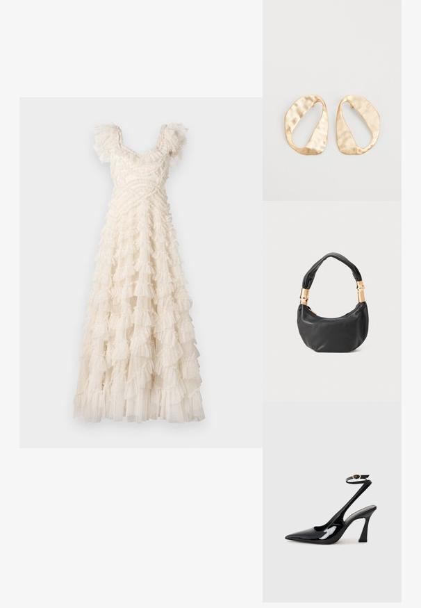 Maxime dress in valkoisesta kankaasta, jossa on kerrostettuja röyhelöitä, lyhyet puff-hihat ja istuva bodice. Hento tekstuuri hienovaraisilla kuvioilla.; Musta patenttinen nahka slingback-korkokengät, joissa on teräväkärkinen muoto, säädettävä nilkkastrappi ja kohtuullinen lohkokorko. Sujuva pinta kiiltävällä viimeistelyllä.; Musta nahkalaukku pyöreällä muodolla, pehmeällä pinnalla ja solmulla varustetulla kahvalla, jossa on kultasävyiset yksityiskohdat. Vetoketjusuljenta.; Pari epämuodostuneita soikeita kultasävyisiä metallikorvakoruja, joissa on teksturoitu, hieman hakattu pinta valkoista taustaa vasten.; Pari epämuodostuneita soikeita kultasävyisiä metallikorvakoruja, joissa on teksturoitu, hieman hakattu pinta valkoista taustaa vasten.