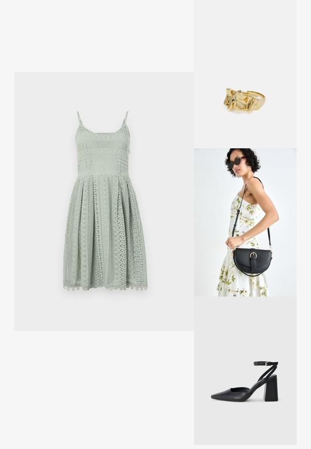 Lys grønn blondekjole med tynne stropper, en tettsittende overdel og et utsvingt skjørt med intrikate utskjæringsmønstre og bølget kant.; Svart lær pumps med spiss tå, ankelrem og kraftig hæl. Flat tekstur, strømlinjeformet design og minimalisme.; Svart lærveske med en buet form, avtagbar stropp og gullbeslag. Vesken har et klaff med spenne-detall.; Gullring med teksturert, bølgete design som har tre fremtredende topper. Glatt, blank overflate med åpen ring for justerbar passform.
