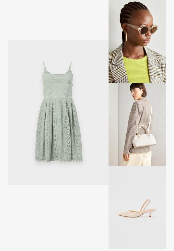Robe en dentelle vert clair avec des fines bretelles, un corsage ajusté et une jupe évasée ornée de motifs découpés complexes et d'un ourlet en dentelle.; Escarpins slingback en cuir verni beige avec un bout pointu et un talon carré fin. Texture lisse et design minimaliste sans ornement.; Lunettes de soleil en forme d'œil de chat transparentes avec des verres marron. Modèle portant un haut côtelé vert et un blazer à carreaux. Boucles d'oreilles dorées en forme de créole.; Sac à main structuré blanc avec de courtes poignées et une bandoulière, doté de accents en métal doré et d'un matériau texturé, présenté sur un fond gris.