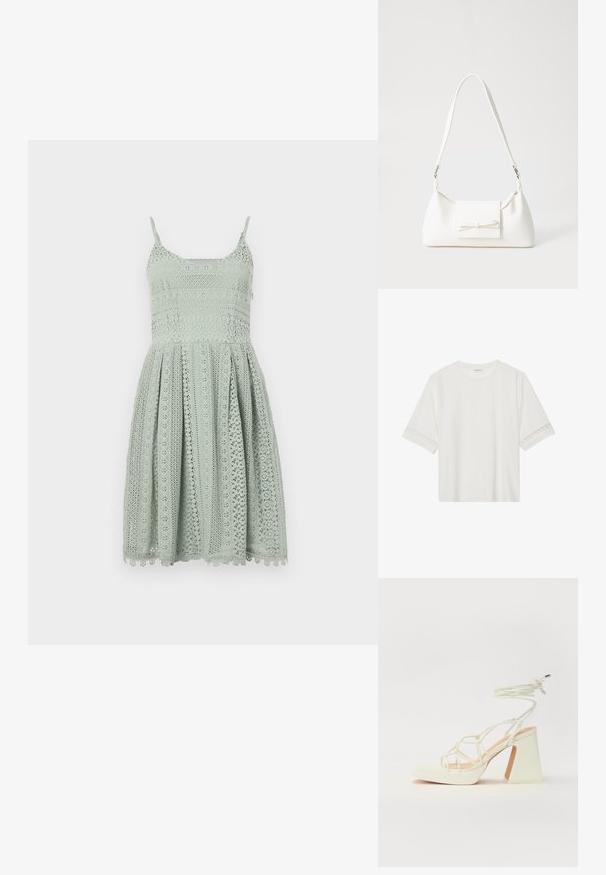 Gaišzaļš mežģīņu kleita ar plānām siksnām, pieguļošu augšdaļu un izplestu svārku, kurā ietilpst sarežģīti izgriezumi un viļņota apakšmala.; Balta īsām piedurknēm T-kreklu, izgatavotu no kokvilnas, ar dekoratīvu mežģīņu apdari ap piedurknēm un apaļu kakla izgriezumu.; Baltas augstpapēžu sandales ar masīvu papēdi, ar siksnu dizainu un potītes saistītiem elementiem. Gluda tekstūra ar platformu priekšpusē, lai nodrošinātu papildu augstumu.; Balta sintētiska soma ar trīsstūrveida formu, plakanu priekšējo vāciņu un loku detaļu, regulējamu siksnu, gludu tekstūru un minimālistisku dizainu.