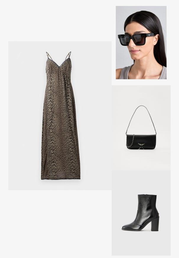 Leopardi mustriga maxi kleit peenikeste rihmadega, V-kaelusega, voolava disainiga, läbipaistvast kangast, maaproovide pruunide ja mustade varjunditega ning sirge äärisega.; Must kõvale nahast pahklipsu saapad, millel on sile tekstuur, terav varvas ja paks kõrge kann. Omab külgavatust ja minimalistlikku disaini.; Mustad suured päikeseprillid ruudukujuliste raamidega, tume klaasidega ja õrna tiivamärgiga detailiga kõrvakellas. Külgedel on tekstuuritud aktsendid.; Mustvalge nahk käekott hõbedase ahelsanga ja dekoratiivsete tiivaaktsentidega, samuti valgete õmblustega alumises ühenduses.