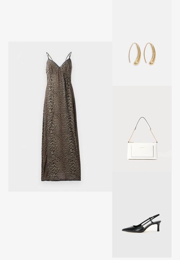 Sukienka maxi w panterkę z cienkimi ramiączkami, dekoltem w kształcie litery V, zwiewnym krojem, przezroczystym materiałem, w ziemistych odcieniach brązu i czerni oraz prostym dołem.; Czarne lakierowane czółenka na obcasie typu slingback z wąskim noskiem, z teksturowanym wzorem wężowym, regulowanym paskiem oraz krótkim, teksturowanym obcasem w kształcie słupka.; Biała skórzana torebka o teksturowanym wykończeniu, z złotą łańcuszkową rączką i czarnymi akcentami. Zawiera przednią kieszeń oraz zamek błyskawiczny.; Złote metalowe kolczyki w kształcie obręczy o zakrzywionym, wydłużonym kształcie. Posiadają gładką, błyszczącą powierzchnię oraz zaokrąglony koniec dla dodatkowego efektu.