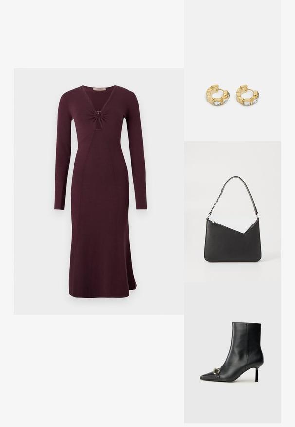 Vestido de manga longa, na cor bordô, com um detalhe torcido à frente e um detalhe circular, silhueta ajustada e bainha esvoaçante.; Bota preta de couro até ao tornozelo com bico apontado, salto slim de altura média e detalhe em fivela prateada de lado, contra um fundo simples.; Bolsa de couro preta com formato triangular, alça fina e detalhes em metal prateado. Apresenta um fecho com zíper e logótipo em relevo na parte frontal.; Brincos de argola dourados com um design texturizado e três cristais transparentes em um lado, oferecendo uma estética geométrica moderna.