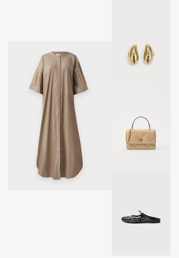 Abito midi beige in cotone con scollo rotondo, maniche corte e ampie, e chiusura anteriore con bottoni. Tessuto liscio e vestibilità rilassata.; Tory Burch MELLOW MARY JANE - Ciabattine - perfect black/gold; Borsa a tracolla in pelle beige trapuntata con hardware dorato, tracolla a catena e manico superiore. Presenta una patta frontale e un dettaglio con logo distintivo.; Orecchini in tonalità oro con un design fluido e curvato. Ogni orecchino presenta una superficie liscia e un piccolo gancio con un dettaglio decorativo.